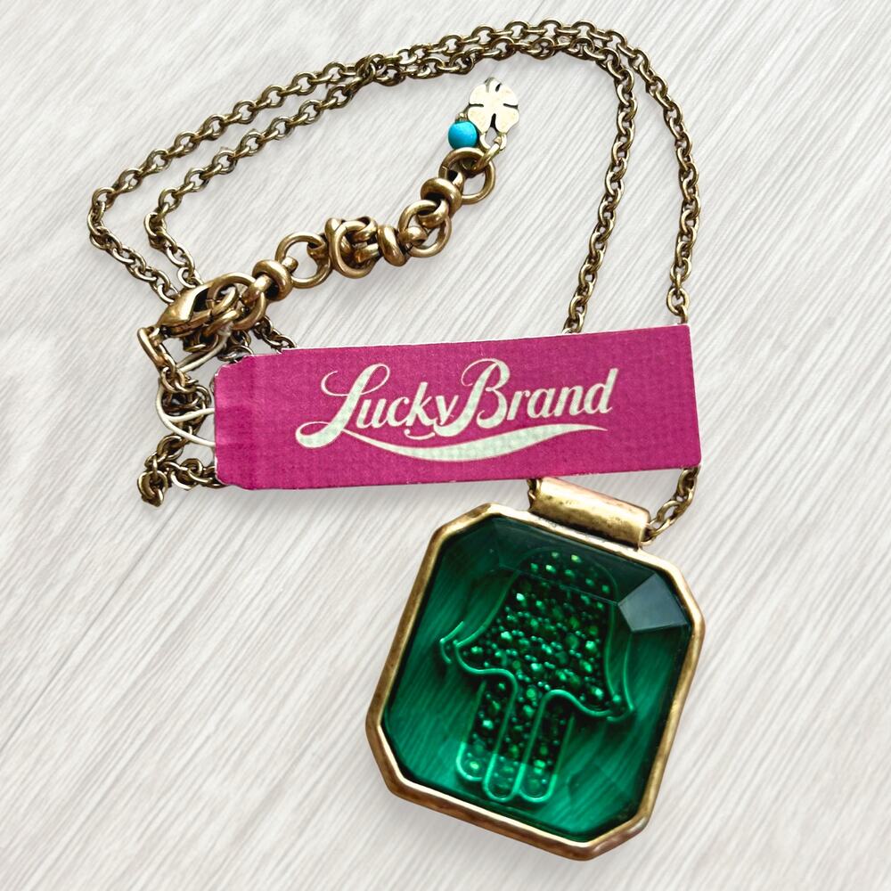 Lucky Brand Reversible Green Hamsa Necklace | Antiqued Brass Pavé Pendant NWT